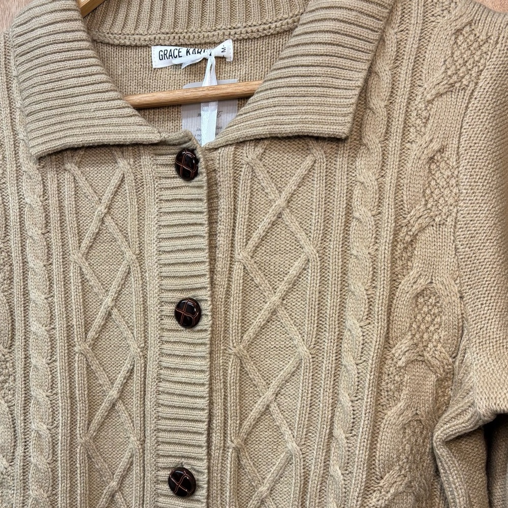 NWT collared cable knit tan cardigan, medium - Picture 3 of 8